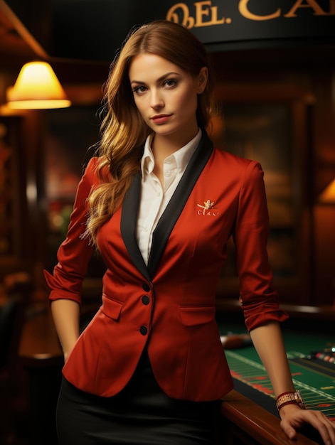 Beautiful girl plays poker blackjack roulette in the casino Woman dealer near the table