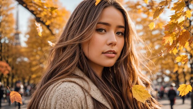 Beautiful girl portrait against the background of the Eiffel Tower in autumn