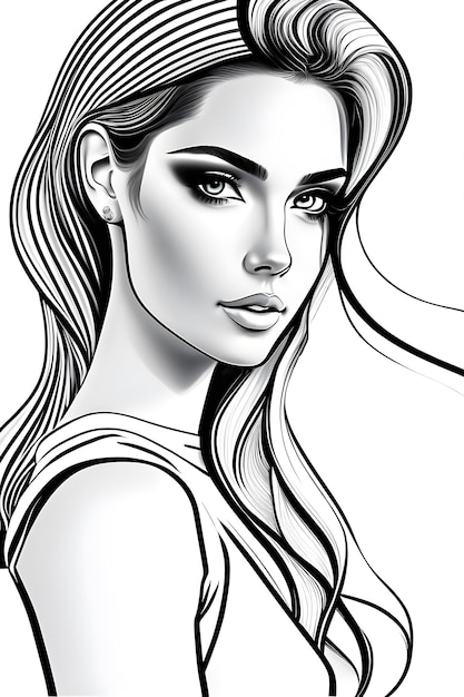 Beautiful girl portrait realistic style Illustration Black and white