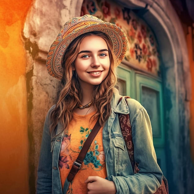 A beautiful girl poses for the camera wearing a hat near the antique door