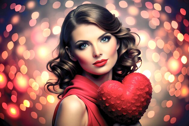 Foto una bella ragazza posa con un fiore di rose rosse e tiene in mano l'amore sullo sfondo a forma di cuore