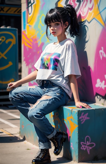 사진 그래피티 벽 앞에서 포즈를 취하고 있는 아름다운 소녀 그래피티스트 벽이 있는 거리의 아름다운 소녀