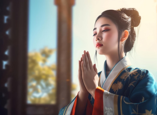 Photo beautiful girl praying religious woman prayer with belief in god generate ai