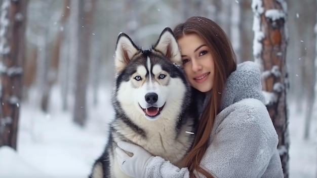 Photo beautiful girl and puppy in a winter woodland have fun with the dog generative ai siberian husky