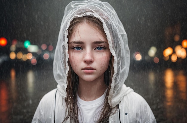 Beautiful girl in a raincoat in the rain