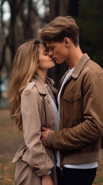 아름다운 소녀가 키우고 남자가 그녀를 포옹하고 그녀를 키스하고 싶어합니다. 공원 프로파일 수직 사진