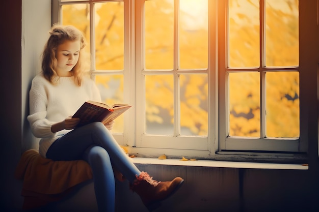 Beautiful girl reading book beside the window at autumn season