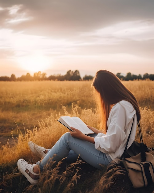 Beautiful girl reading holy bible book in the field