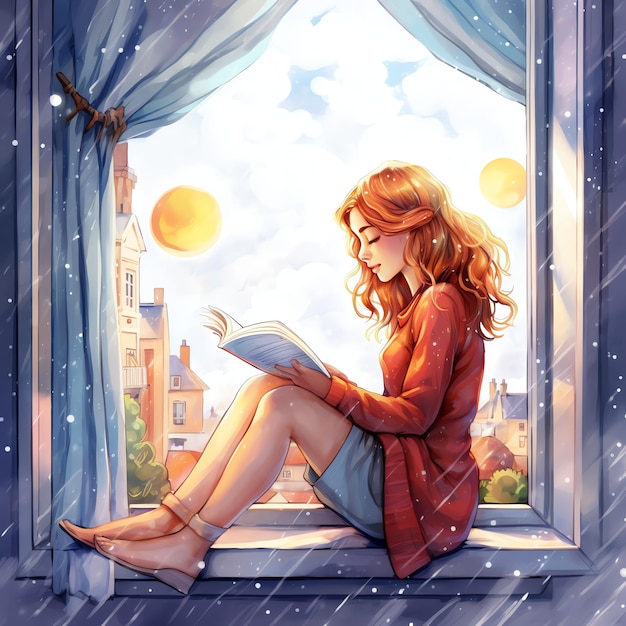 beautiful A girl reading on a window seat with a view of rain outside watercolor clipart