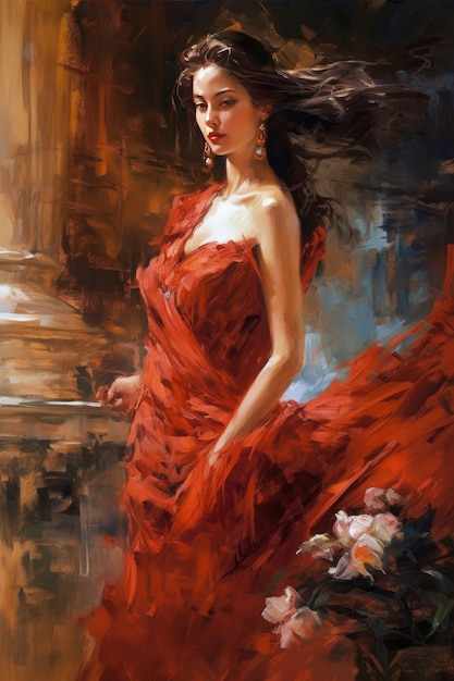 A beautiful girl in red dress oil painting generative AI