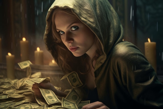 Beautiful girl robbing money bills Generative AI