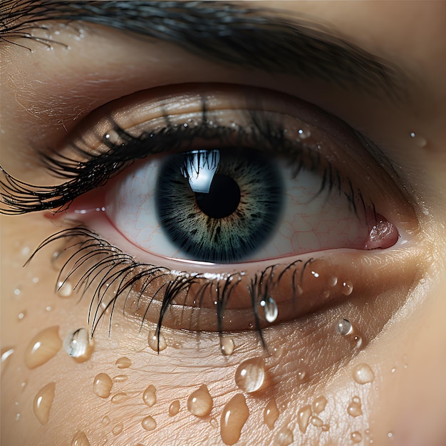 beautiful girl's eye with drops of pure water on velvety skin closeup Eyebrows and eyelashes and a green pupil