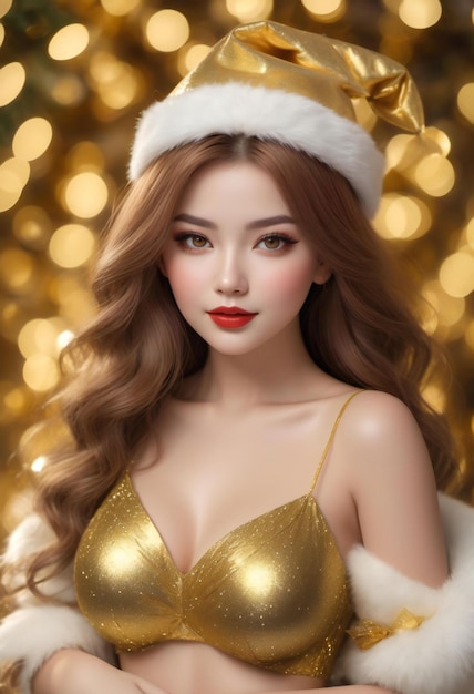 Beautiful girl in santa claus clothes on christmas background