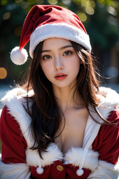 Beautiful girl in Santa Claus clothes over christmas background