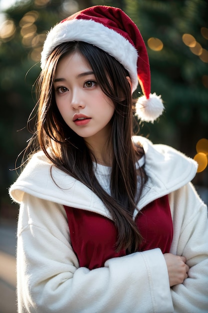 Beautiful girl in Santa Claus clothes over christmas background