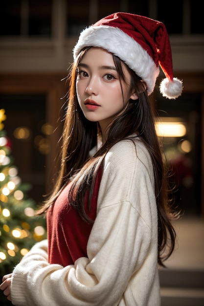 Beautiful girl in Santa Claus clothes over christmas background