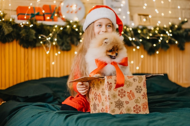 Beautiful girl in Santa hat got a puppy as present for New Year, Christmas magic and miracle, dreams come true