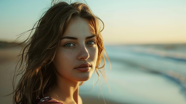 Foto bella ragazza sulla riva del mare nel ritratto al sole da vicino