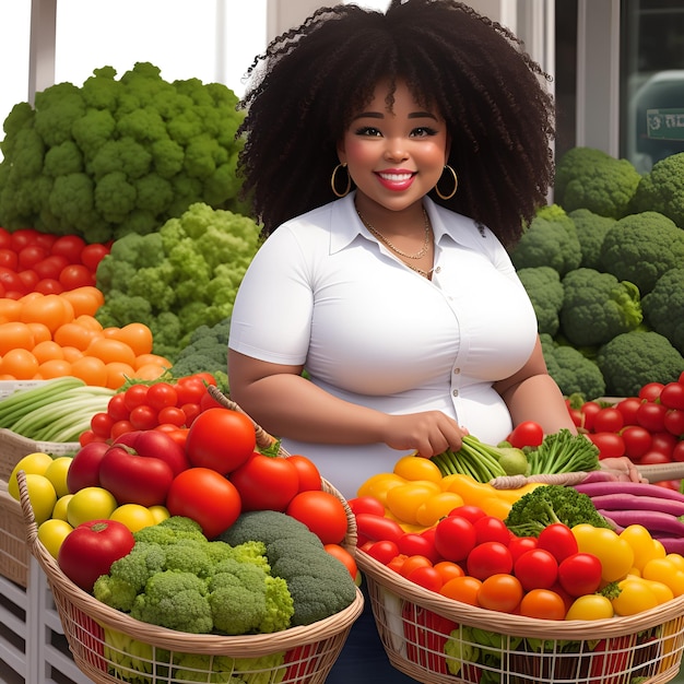 Фото Красивая девушка продает овощи в корзинах.