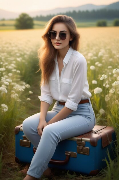 A beautiful girl in shirt and jean pants sunglasses is sitting on a suitcase in a flower filed