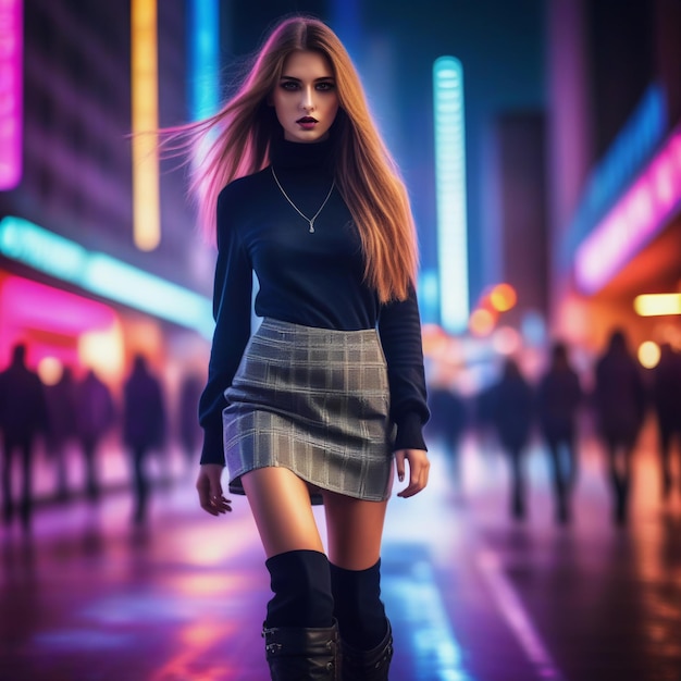 Photo beautiful girl in shorts on street lighting blur background