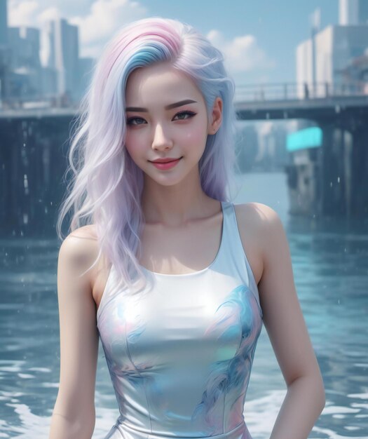 A beautiful girl in a silver dress with pink hair