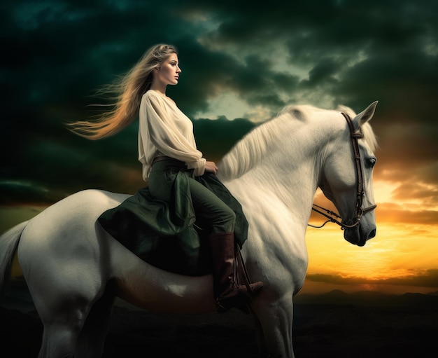 Beautiful girl sits on the back of a white horse generative AI