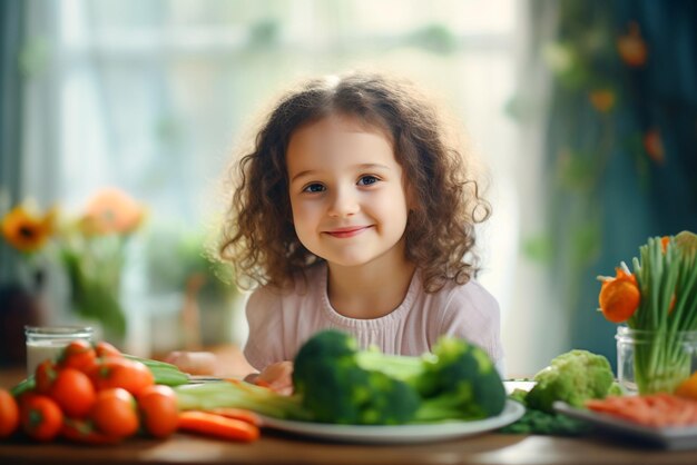 美しい女の子が彼の前のテーブルに座っています 野菜 ブロッコリー ニンジン トマト キャベツ