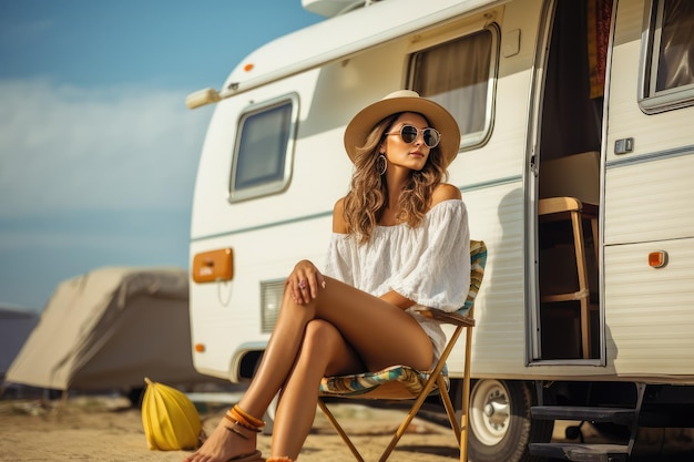 Beautiful girl sitting in front of her camper caravan