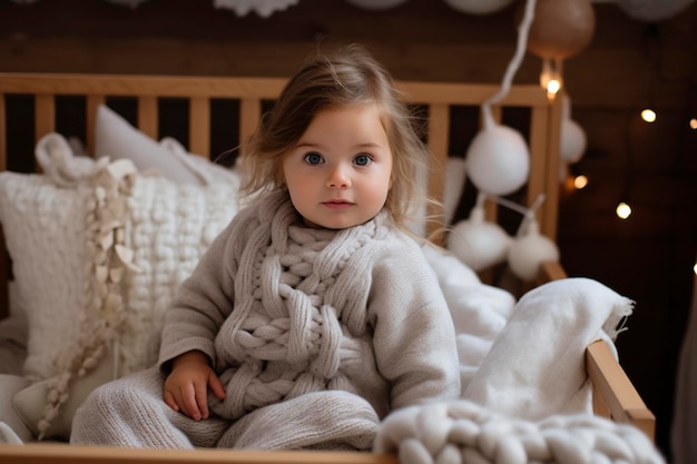 Photo beautiful girl sitting on her bed looking into the camera