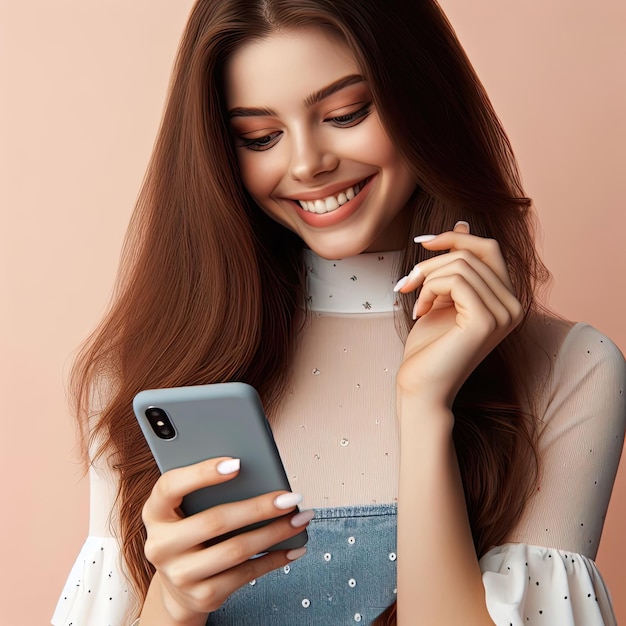 A beautiful girl smiles at her interlocutor while looking at her smartphone screen