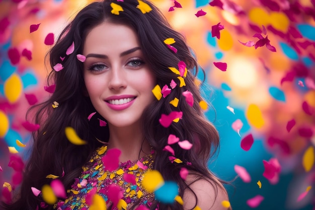 A beautiful girl smiles and looks directly into the camera colorful confetti fall around her face Generative AI