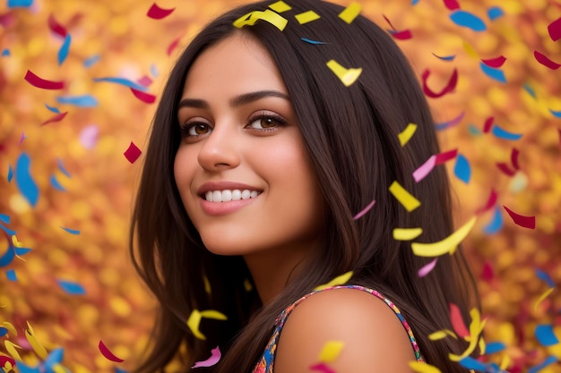 A beautiful girl smiles and looks directly into the camera colorful confetti fall around her face Generative AI