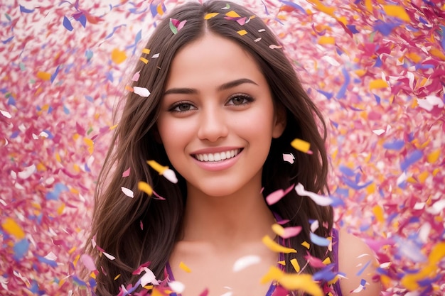 A beautiful girl smiles and looks directly into the camera colorful confetti fall around her face Generative AI