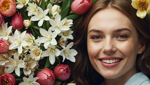 Beautiful girl smiling among flowers