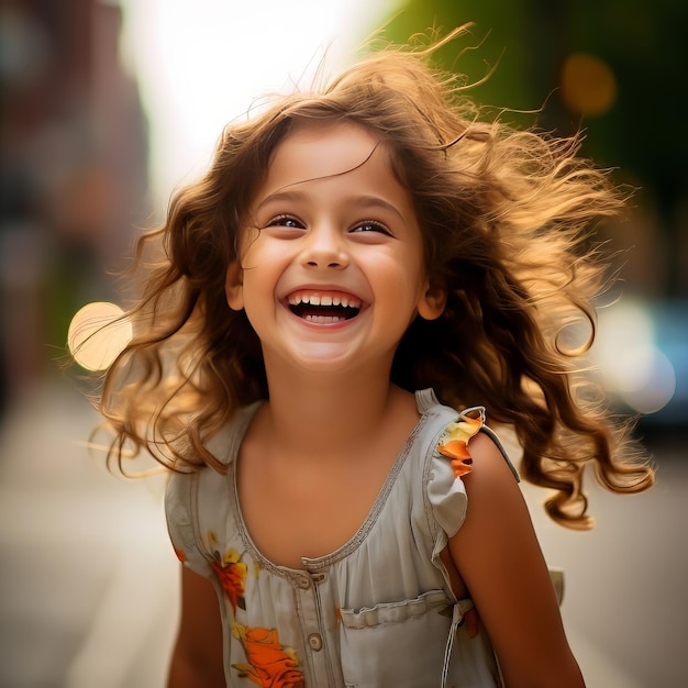 Foto bella ragazza che sorride per strada felice infanzia maternità