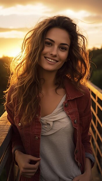 beautiful girl smiling while standing on a bridge at sunset