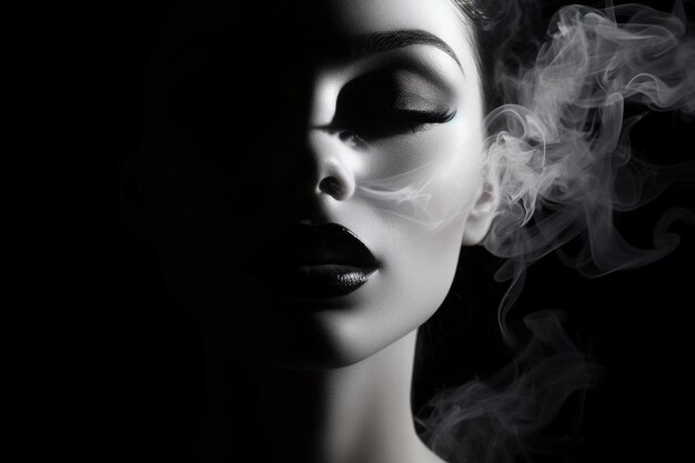 A beautiful girl smokes black and white dark style with smoke from a cigarette tobacco or hookah