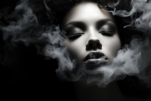 A beautiful girl smokes black and white dark style with smoke from a cigarette tobacco or hookah