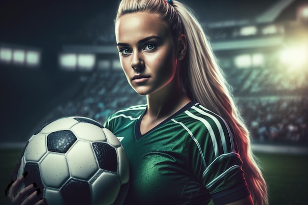 A beautiful girl soccer player in uniform with a ball at the stadium Cheerleader