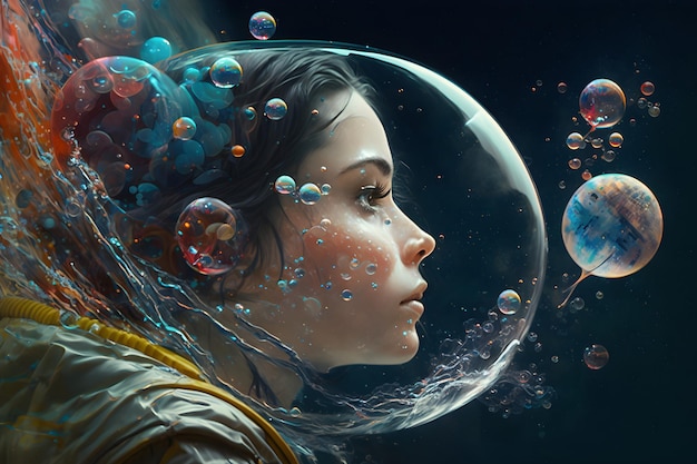 A beautiful girl in a spacesuit floating in the space