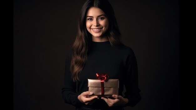 Foto bella ragazza in piedi su uno sfondo nero con un regalo in mano