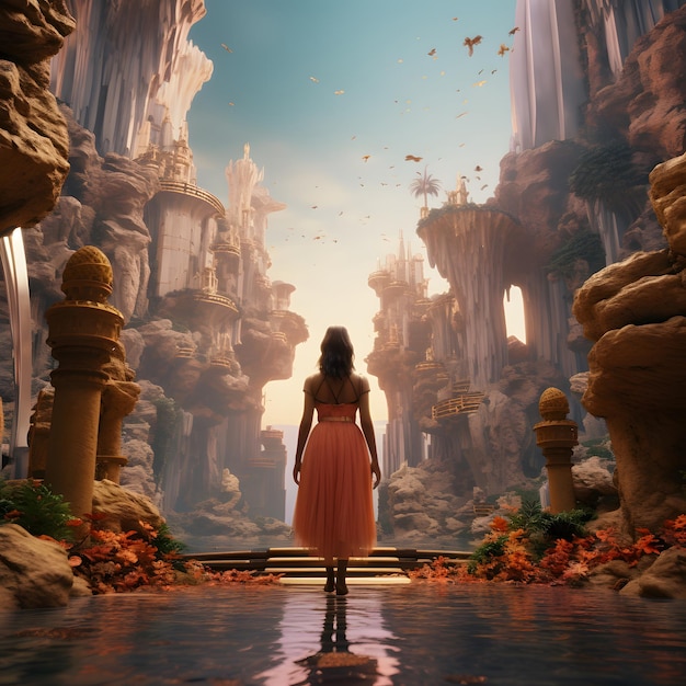 Beautiful girl standing in a fantasy world 3d rendering