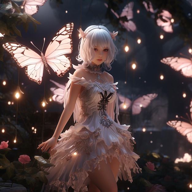 Beautiful girl standing in the middle of magical butterflies