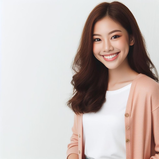 A beautiful girl standing with a cute smile against soft background for advertisement ai generated