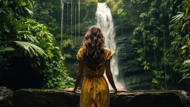 Photo beautiful girl standing with her back in a wonderful dress on the background of waterfall in the