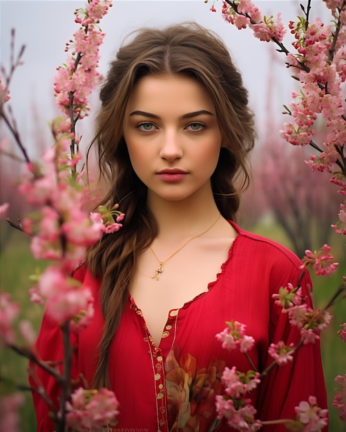 A Beautiful Girl Stands in a Field Brimming with Flowers