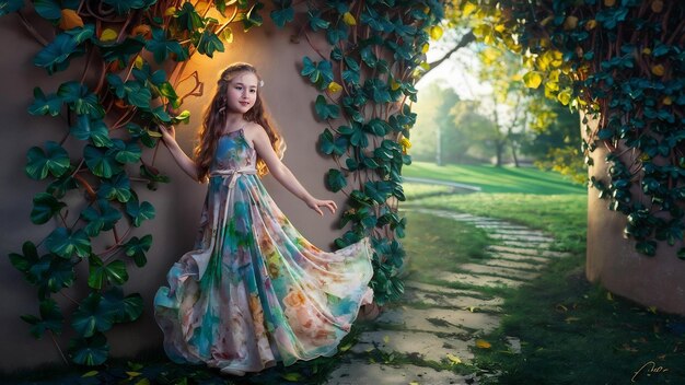 The beautiful girl stands near walll with leaves