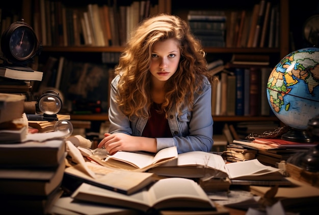 Photo beautiful girl studying with a lot of books