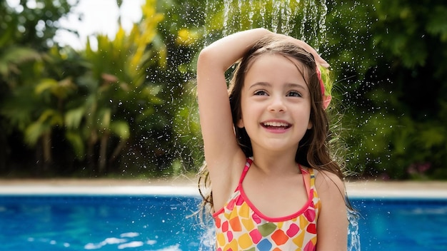 Beautiful girl at summer shower near the pool